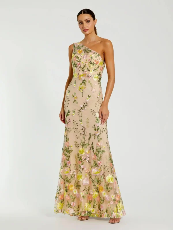 Beige One Shoulder Floral Embroidered Gown