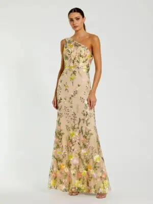 Beige One Shoulder Floral Embroidered Gown