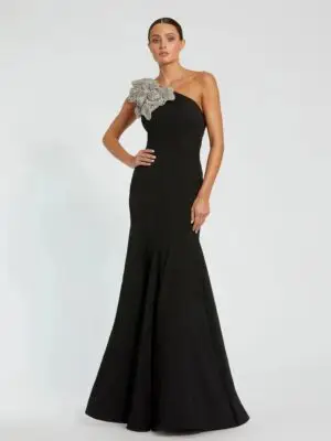 Black Crepe One Shoulder Gown With Crystal Flower