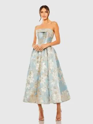 Light Blue Strapless Brocade Midi Dress With Pockets