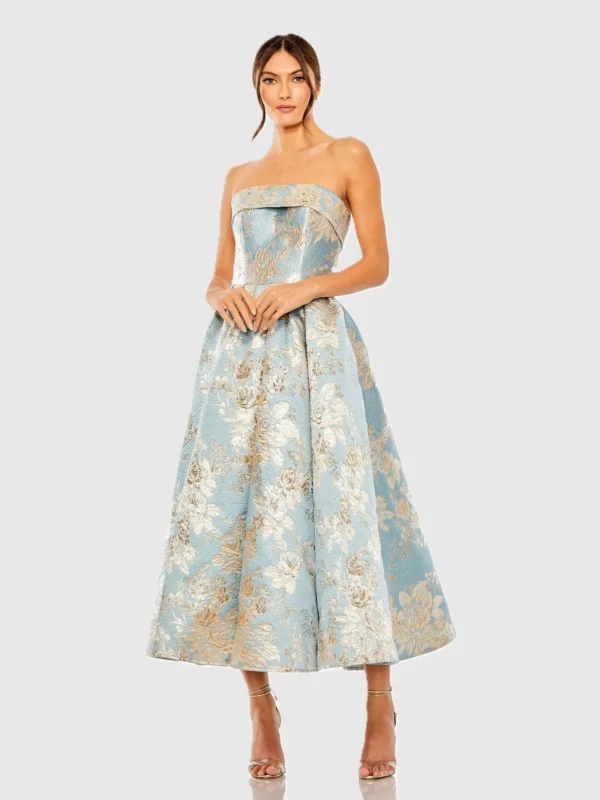Light Blue Strapless Brocade Midi Dress With Pockets