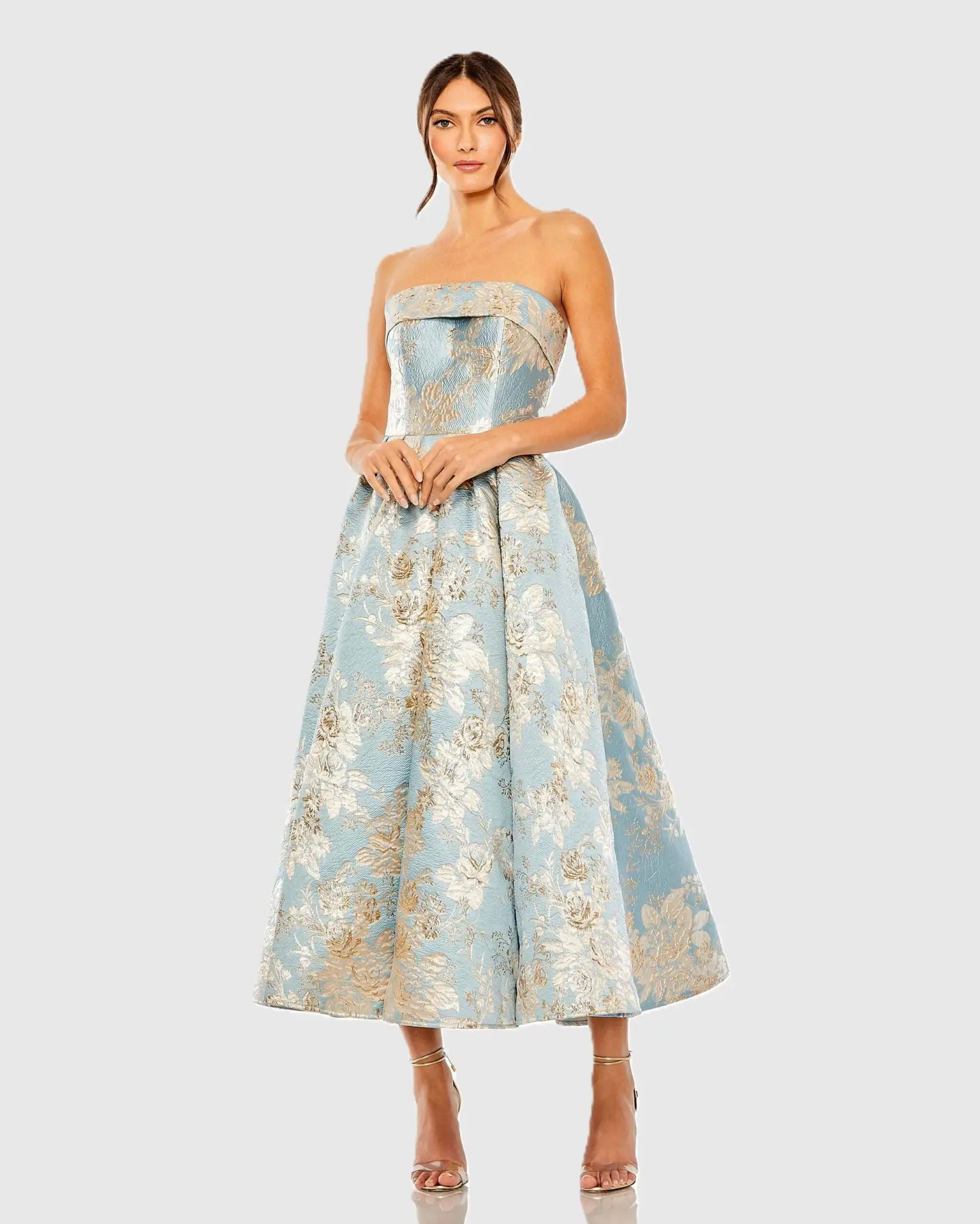 Light Blue Strapless Brocade Midi Dress With Pockets
