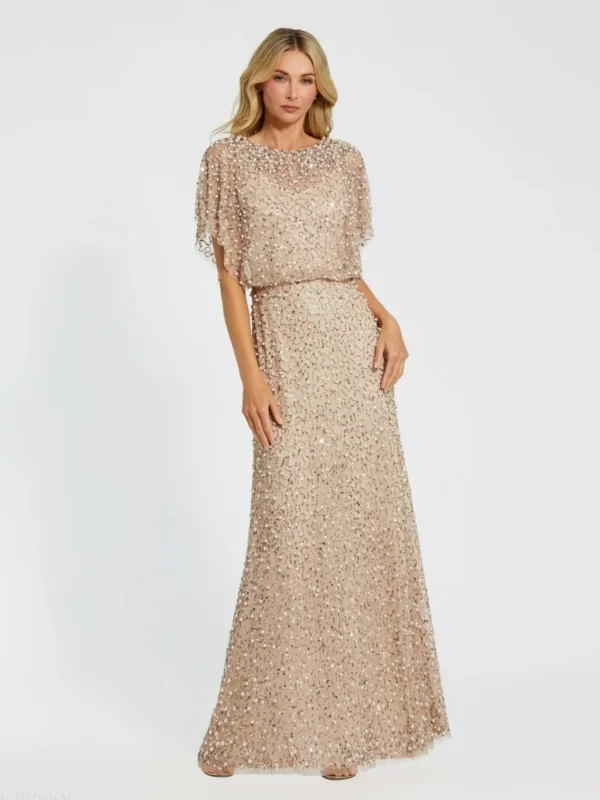 Beige High Neck Short Sleeve Embellished Gown