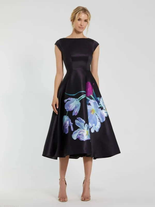 Black Satin Cap Sleeve Midi Dress With Floral Print
