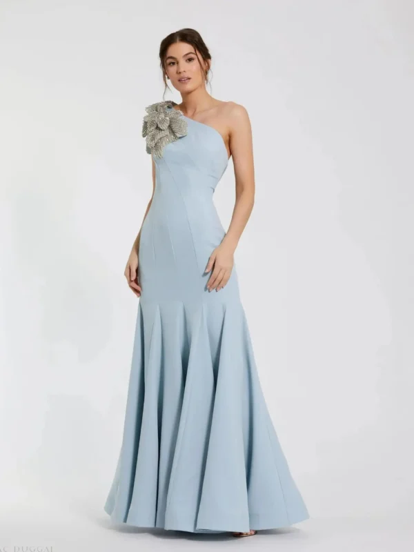 Blue Crepe One Shoulder Gown With Crystal Flower