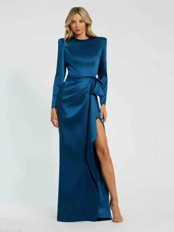 Blue Long Sleeve Satin Structured Bow Draped Column Gown