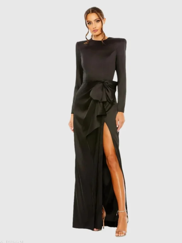Black Long Sleeve Satin Structured Bow Draped Column Gown