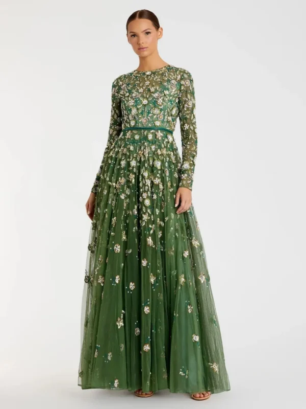 Green Embellished High Neck Long Sleeve A Line Gown
