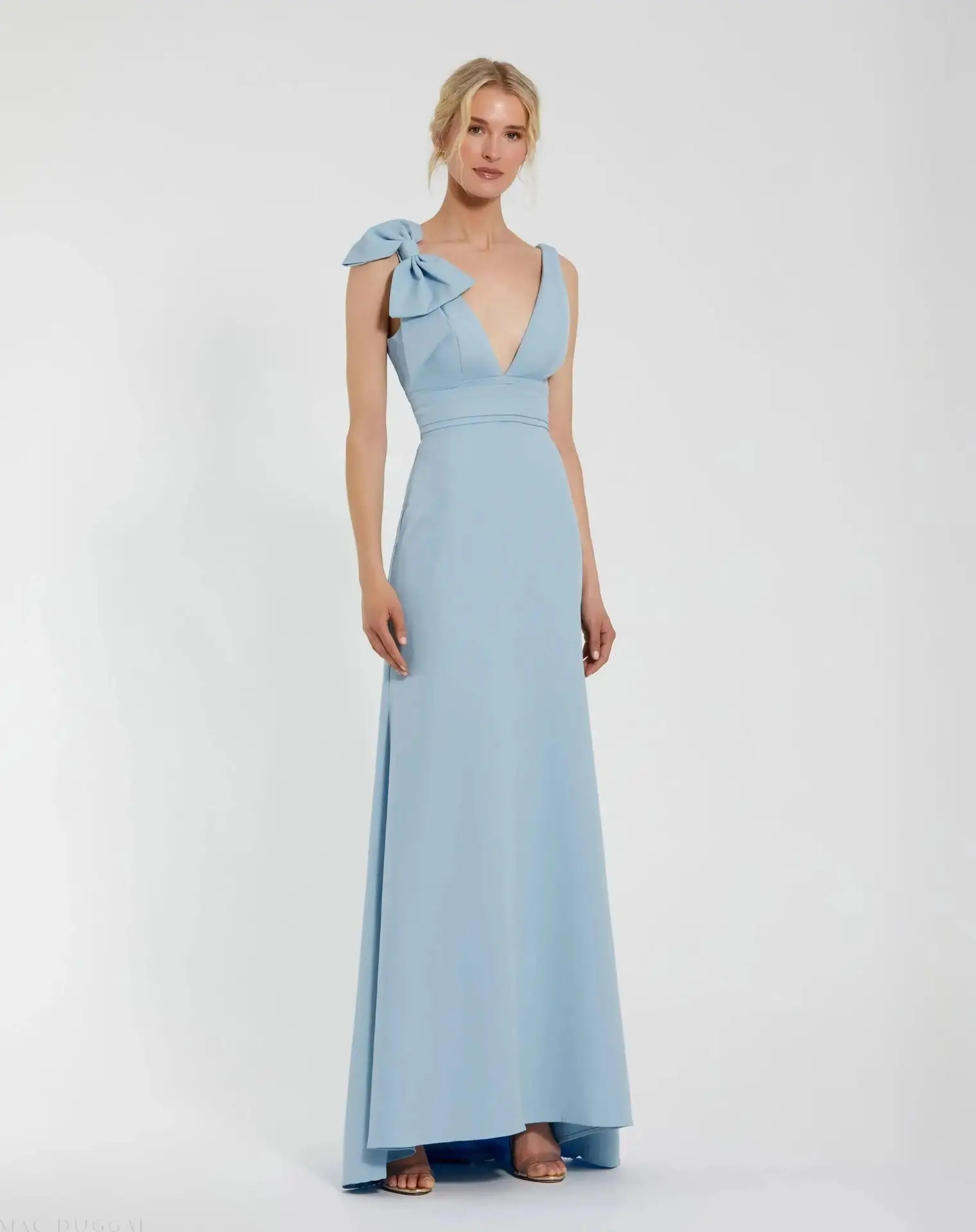 Blue Sleeveless V Neck Bow Detail Mermaid Gown