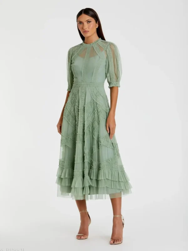 Green High Neck Ruffle Tiered A-Line Midi Dress