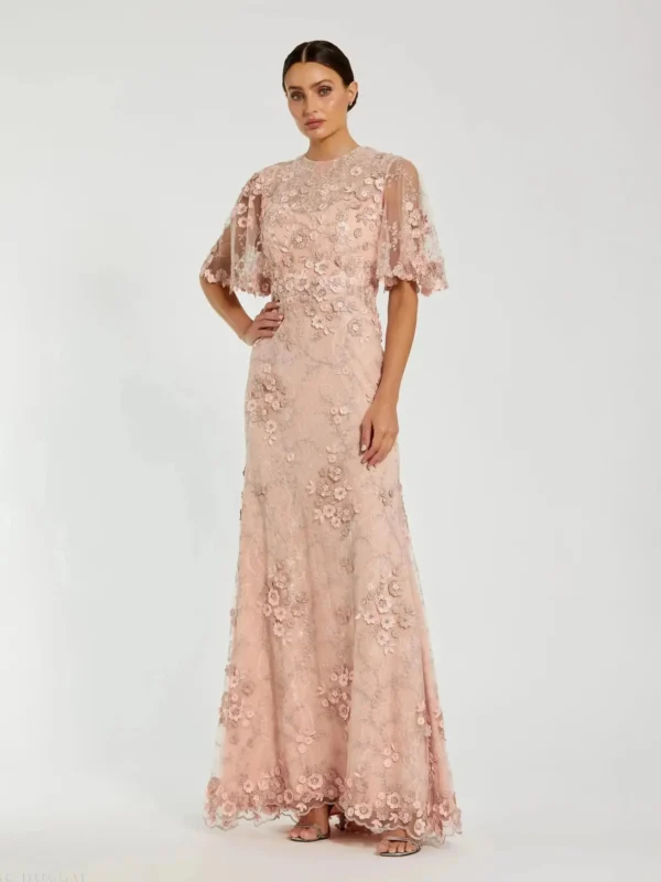Pink Flutter Sleeve Floral Embroidered Net Gown