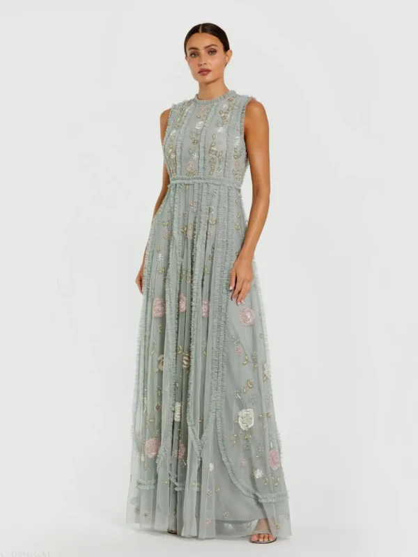 Green Floral Mesh Sleeveless A Line Micro Ruffle Gown