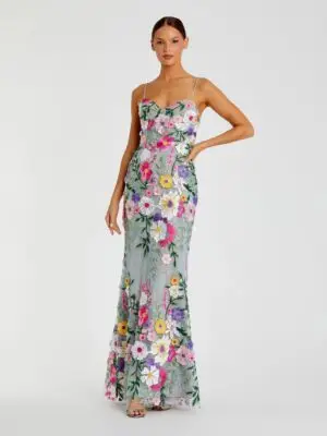 Green Floral Embroidered Sleeveless Bustier Gown