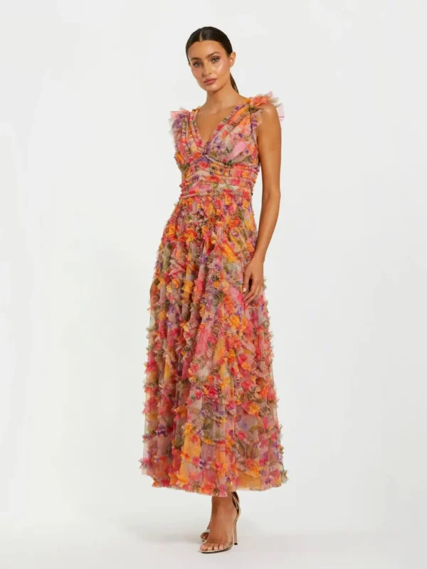 Multicolor Floral V-Neck Ruffle Maxi Dress