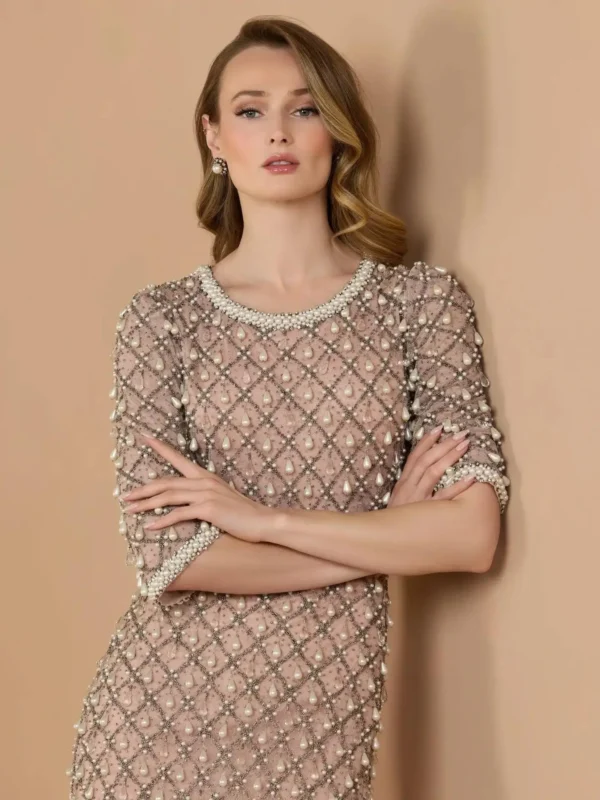 Pink Pearl Embellished 3/4 Sleeve Gown