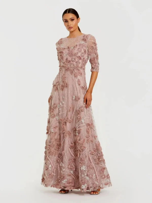 Pink High Neck Embellished Lace Gown with 3/4 Sleeves