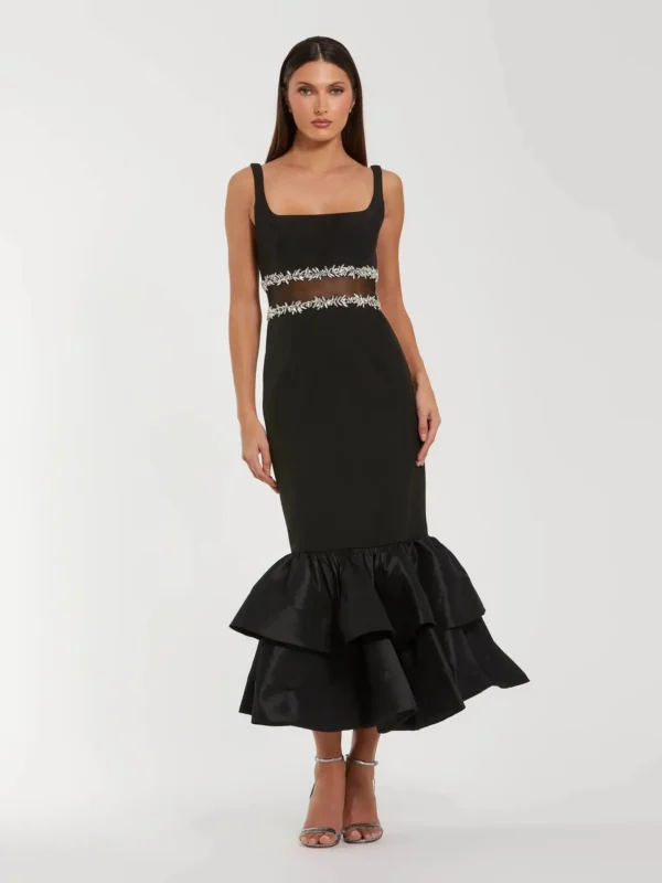 Black Crepe Ruffle Hem Midi Dress With Jewel Detail