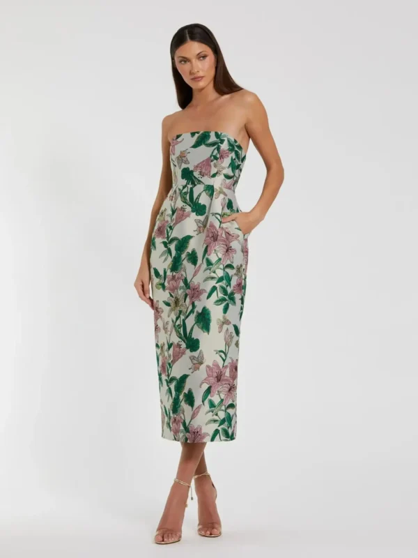 Petite Multicolor Floral Brocade Strapless Fitted Midi Dress