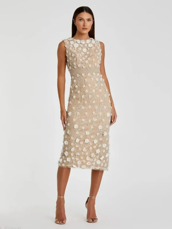 Petite Nude Floral Applique Sleeveless Midi Dress