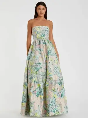Petite Multicolor Strapless Floral Brocade A-Line Gown