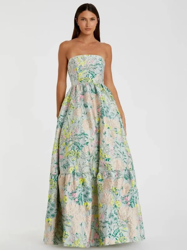 Petite Multicolor Strapless Floral Brocade A-Line Gown