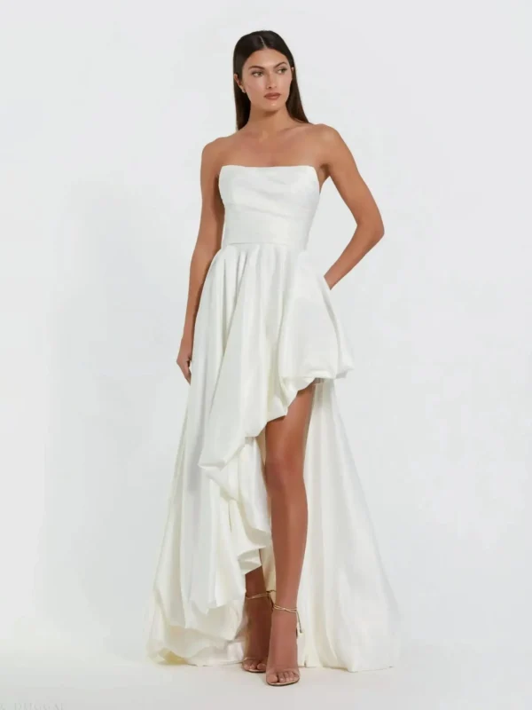 Petite White Strapless Ruched High Low Gown