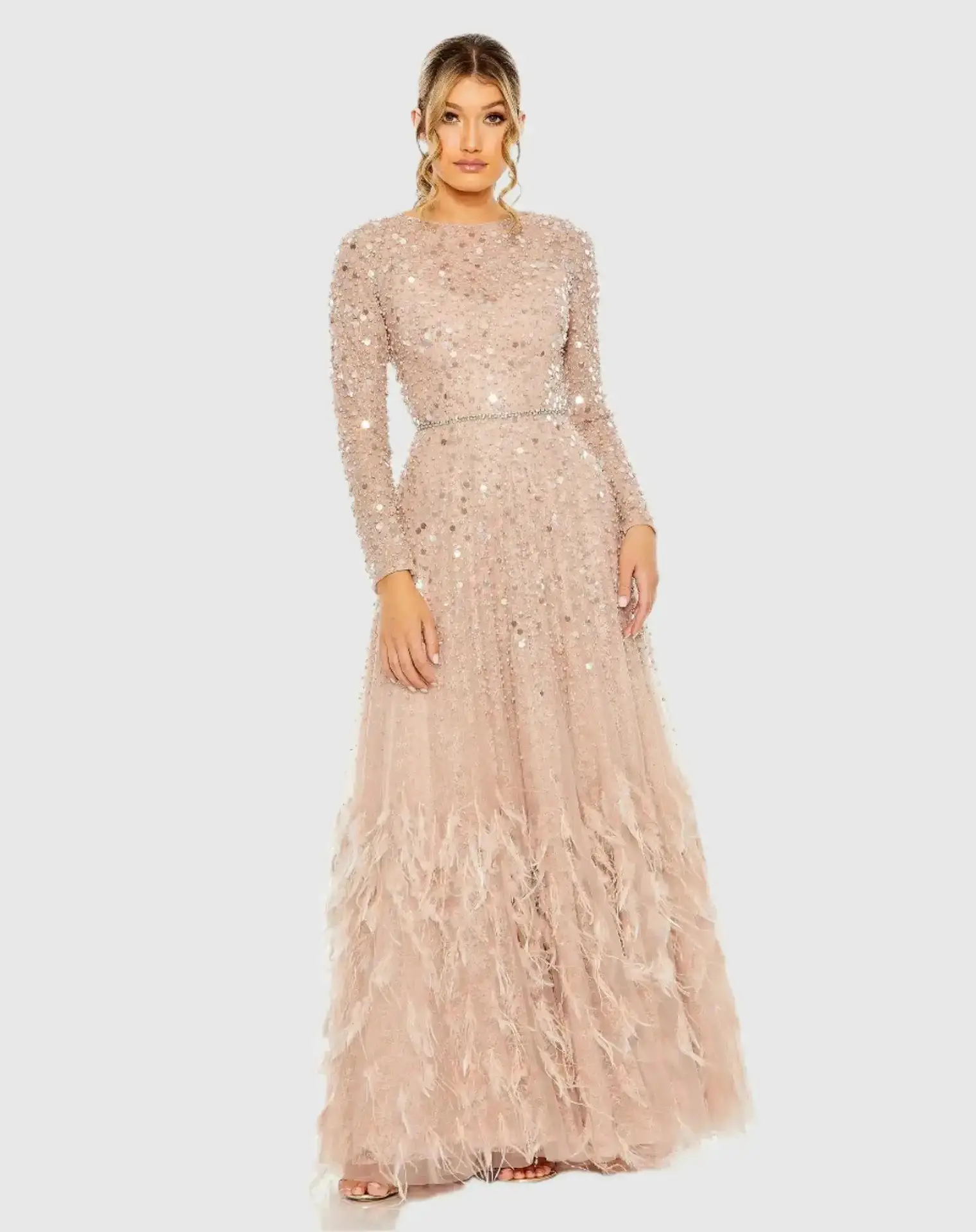 Petite Pink Disc Embellished Sequin Gown with Feather Detail
