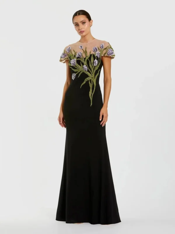 Petite Black High Neck Floral Embroidered Jersey Gown