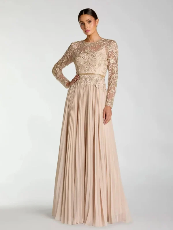Petite Beige Long Sleeve Chiffon Embellished Gown