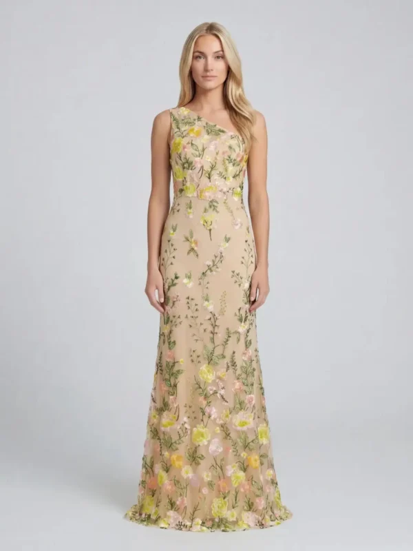 Petite Beige One Shoulder Lace Embroidered Gown