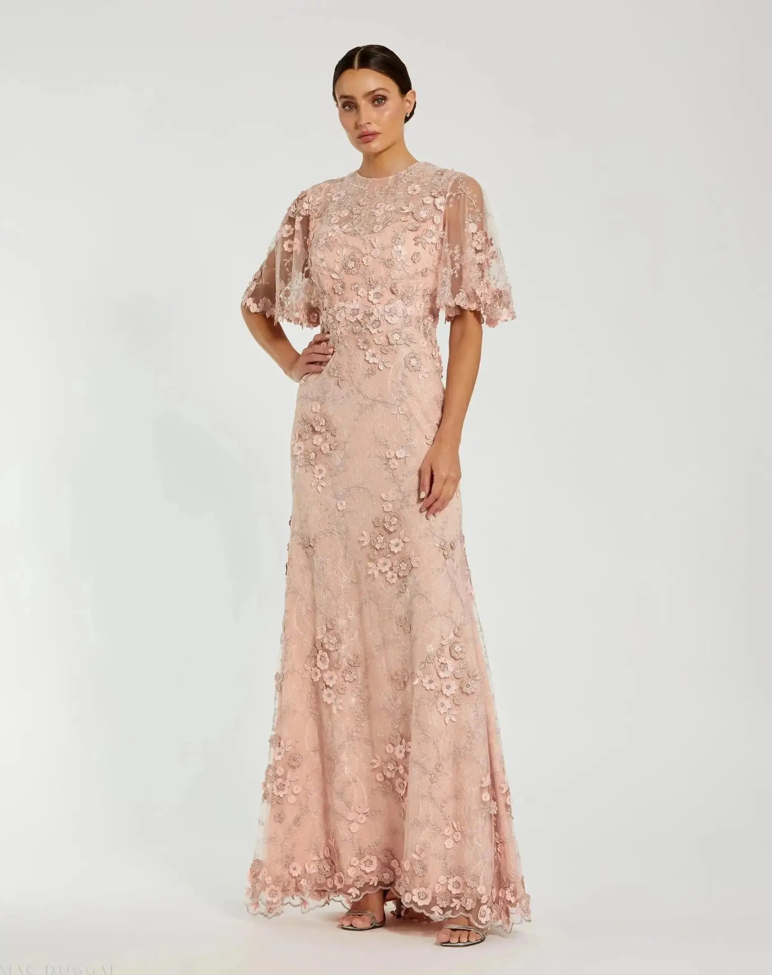 Petite Pink Flutter Sleeve Floral Embroidered Net Gown
