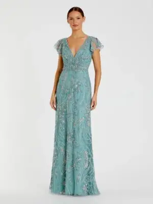 Petite Blue V-Neck Flutter Sleeve Floral Embroidered Gown