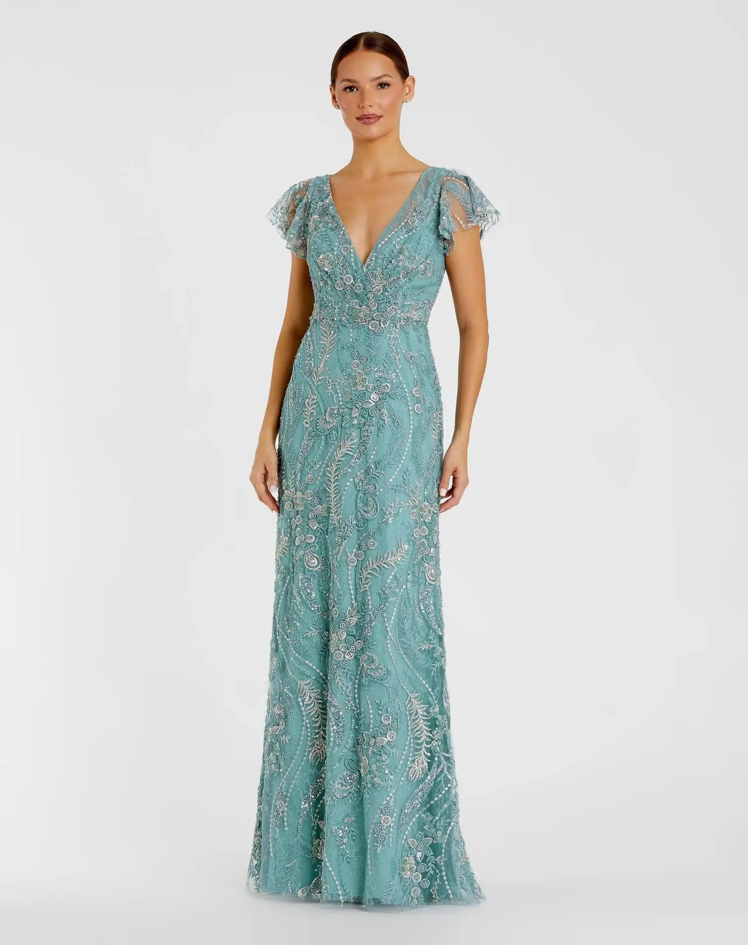 Petite Blue V-Neck Flutter Sleeve Floral Embroidered Gown