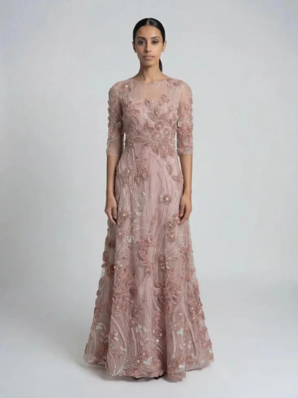Petite Pink High Neck Embellished Lace Gown with 3/4 Sleeves