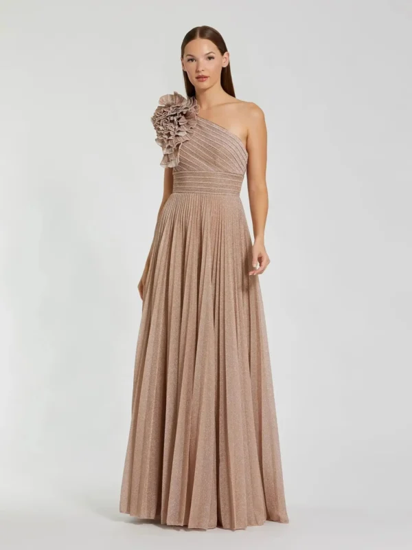 Petite Pink Pleated Metallic One Shoulder Gown With Ruffle
