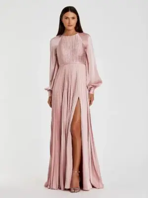 Petite Pink Pleated High Neck Raglan Long Sleeve Side Slit Gown