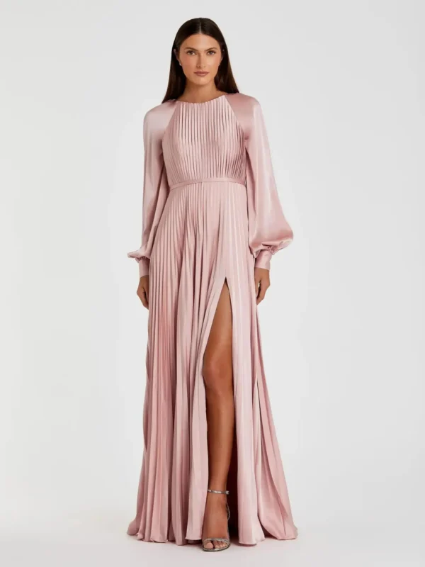 Petite Pink Pleated High Neck Raglan Long Sleeve Side Slit Gown