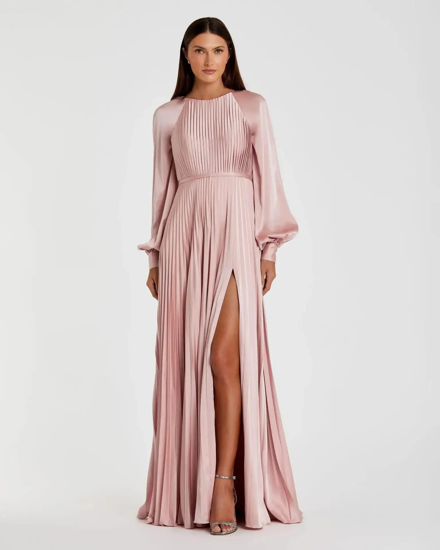 Petite Pink Pleated High Neck Raglan Long Sleeve Side Slit Gown