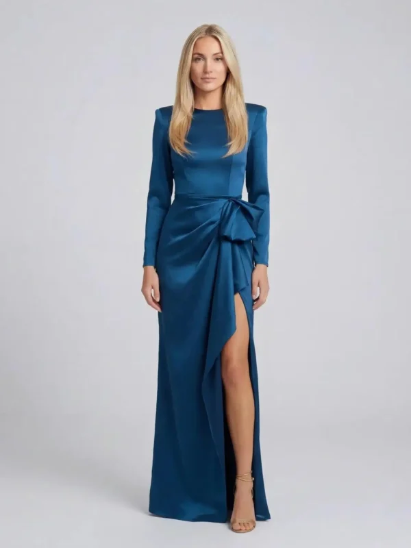 Petite Blue Long Sleeve Satin Structured Bow Draped Column Gown