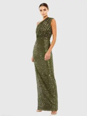 Petite Dark Green Sequined Ruched One Shoulder Gown