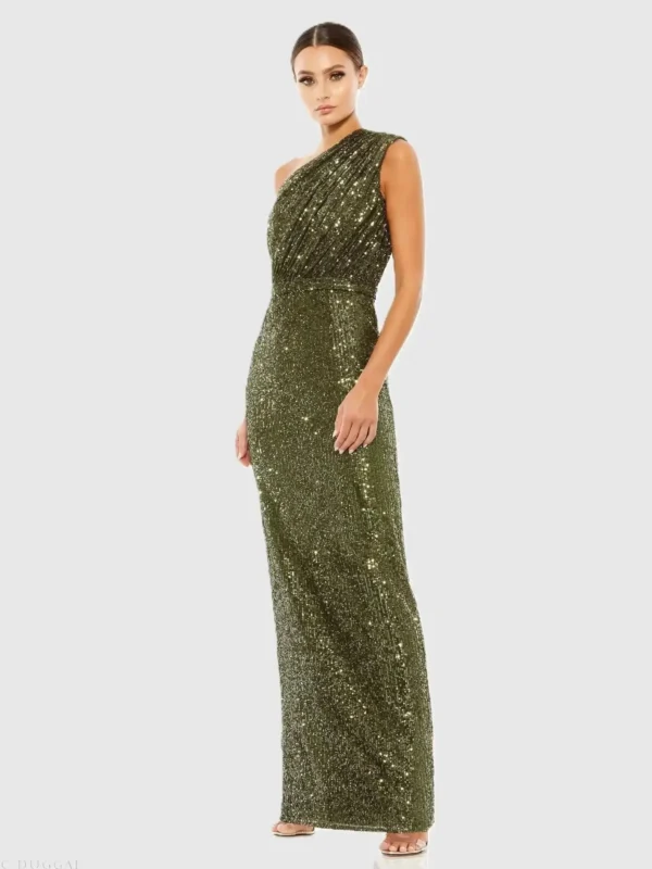 Petite Dark Green Sequined Ruched One Shoulder Gown