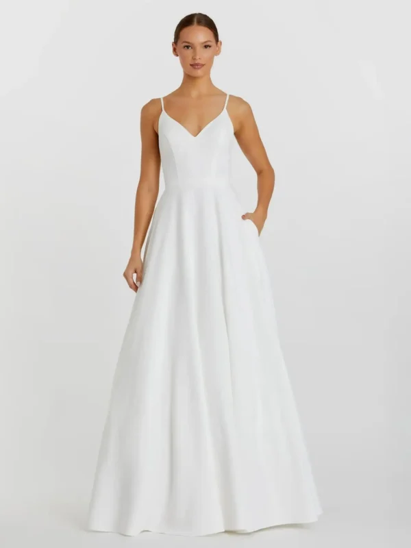 Petite White Classic A-Line V-Neck Ball Gown