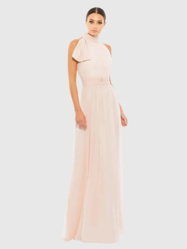 Petite Pink A Line Gown with High Neckline