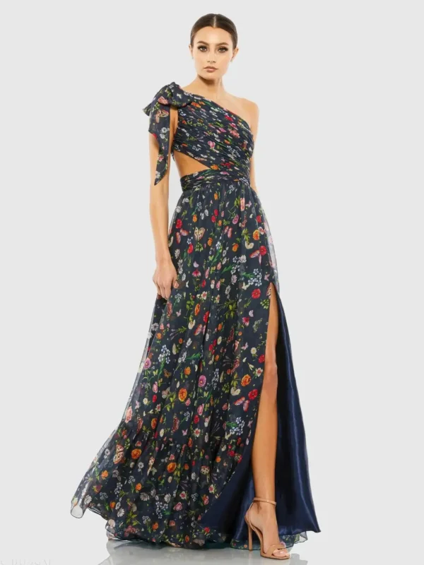 Petite Navy Tied One Shoulder Cut-Out Flowy Gown