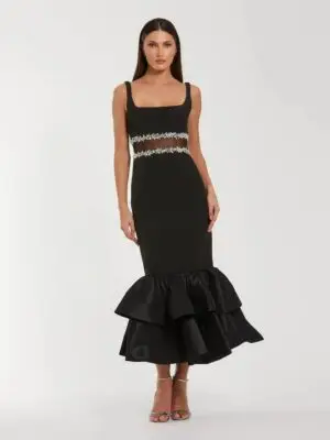 Petite Black Crepe Ruffle Hem Midi Dress With Jewel Detail