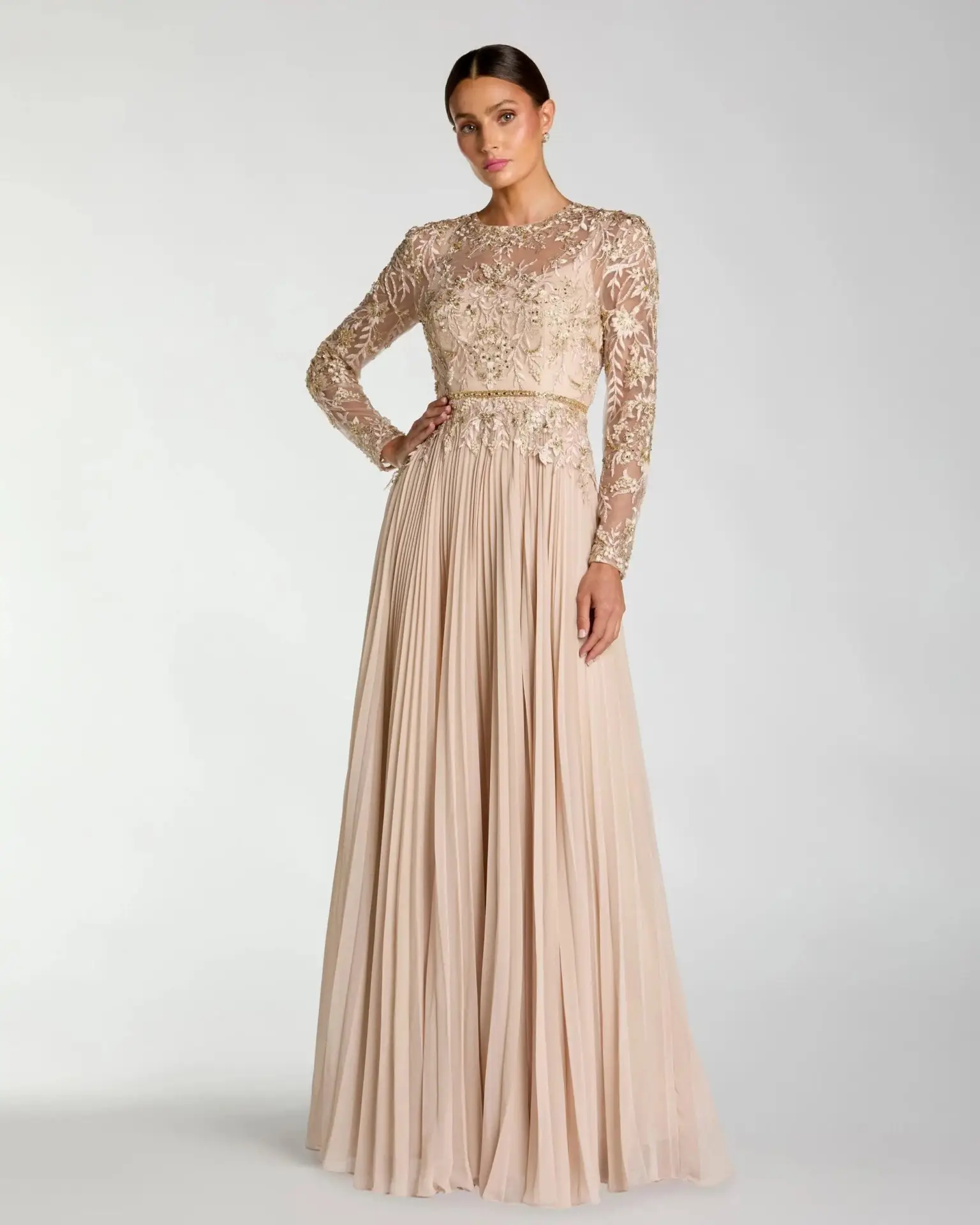 Beige Long Sleeve Chiffon Embellished Gown