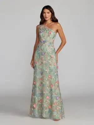 Green One Shoulder Floral Embroidered Gown