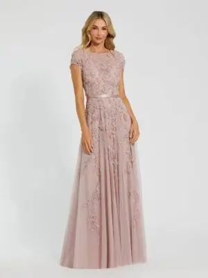 Pink Floral Embellished Cap Sleeve Gown