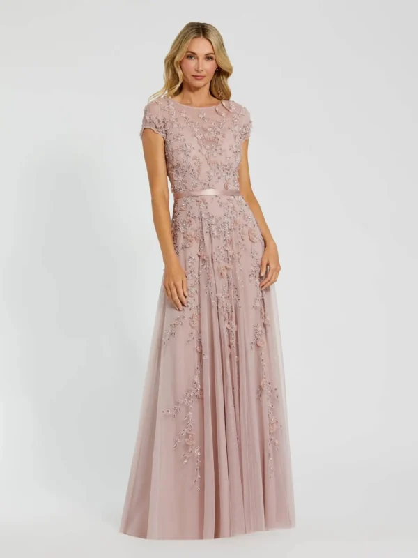 Pink Floral Embellished Cap Sleeve Gown