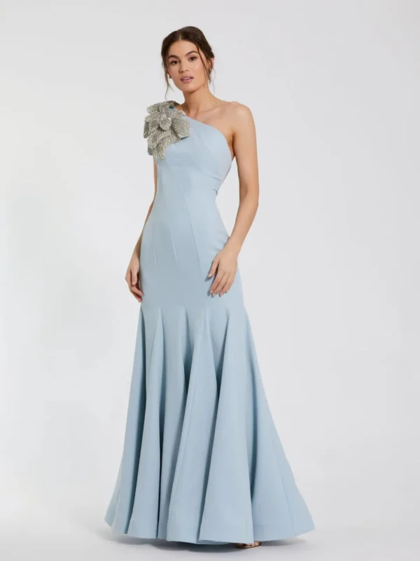 Petite Blue Crepe One Shoulder Mermaid Gown With Flower